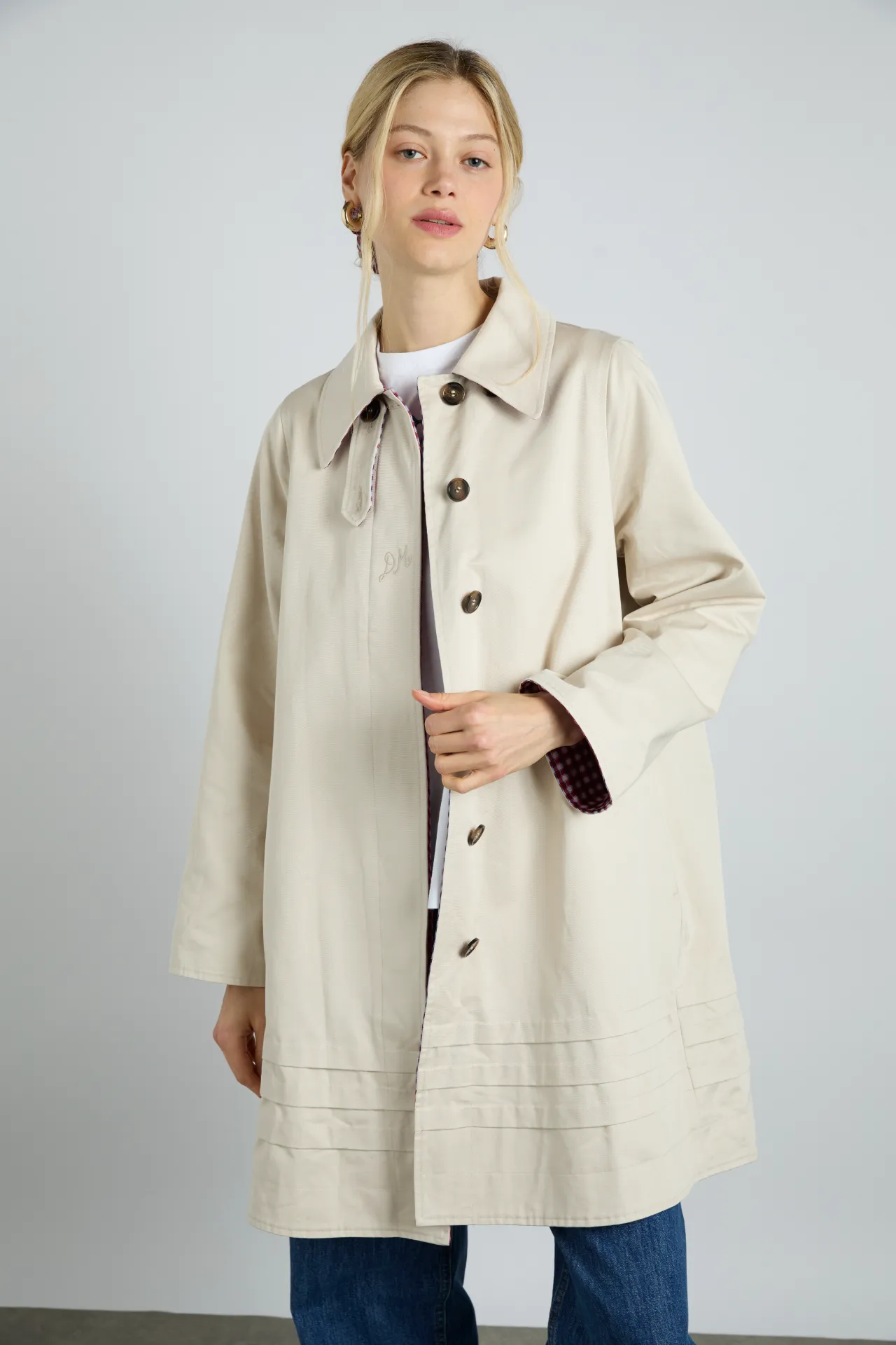 mercedes bow reversible trench - gingham & ecru