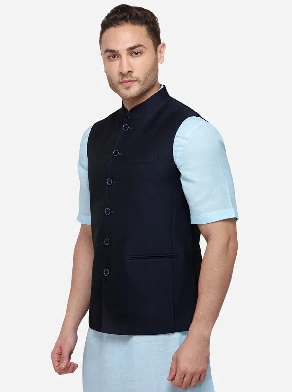 Navy Blue Regular Fit Self Textured Modi Jacket | JadeBlue