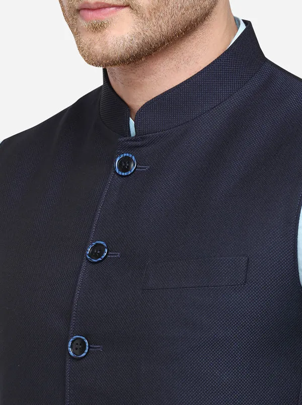 Navy Blue Regular Fit Self Textured Modi Jacket | JadeBlue