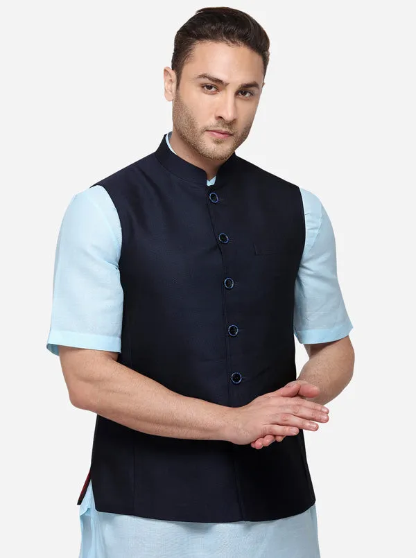 Navy Blue Regular Fit Self Textured Modi Jacket | JadeBlue