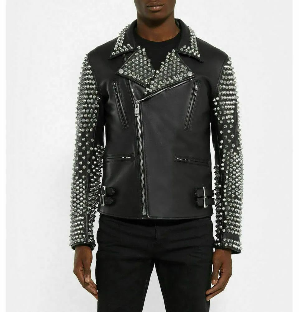 New Handmade Men's Black Fashion Studded Punk Style Leather Jacket