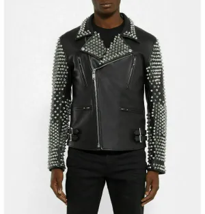 New Handmade Men's Black Fashion Studded Punk Style Leather Jacket