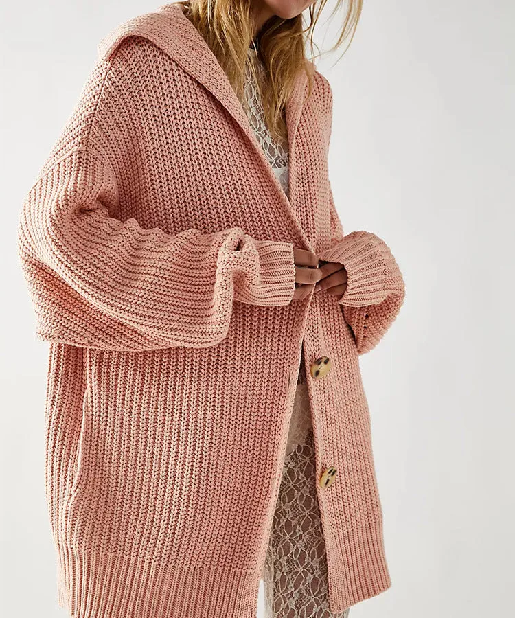 New Women's Solid Color Lapel Pocket Knitted Cardigan Button Long Coat in Autumn and Winter