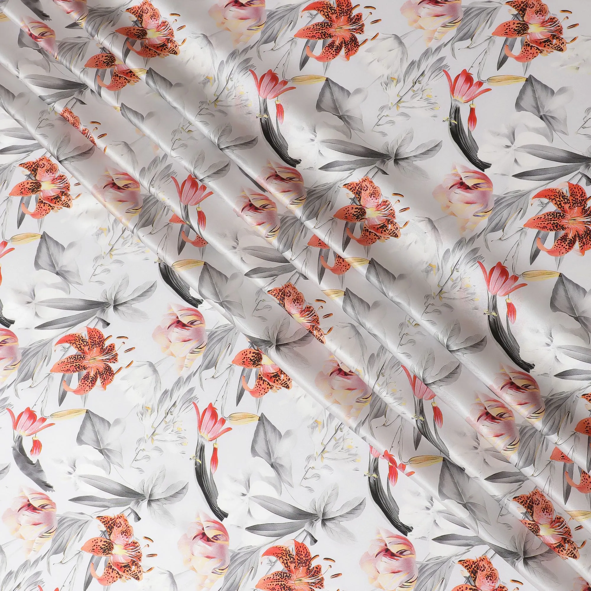 Off white Blossom Silk Satin Fabric - Elegant Italian Print, 140cm - Buy Fabrics Online-D18314