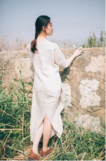 Oversized loose fit maxi dress,long gown,long tunic dress, linen caftan,100% linen anomalous robe,plus size clothing,3 quarter sleeves linen sundress,bust>130cm