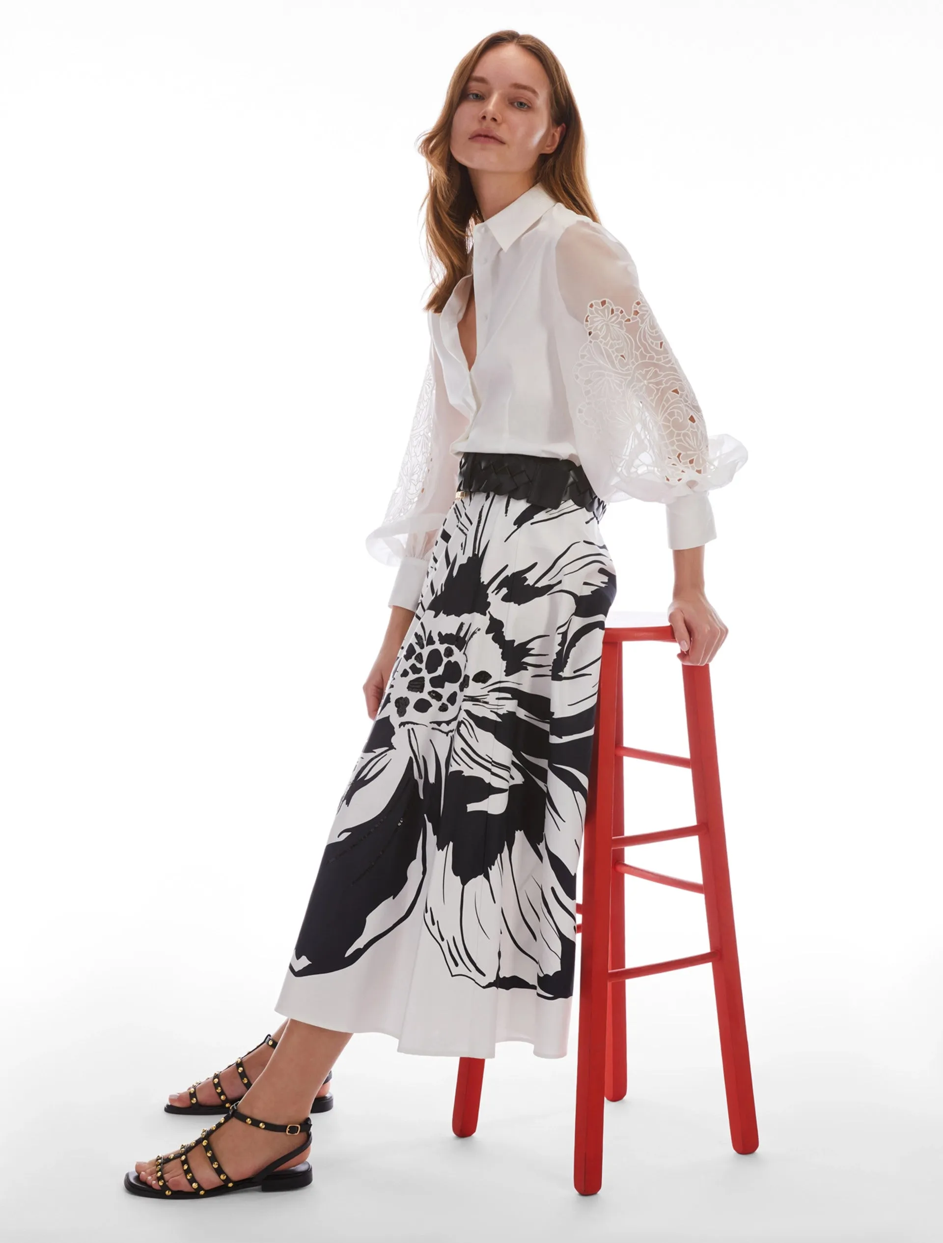 PennyBlack Cotton Satin Midi Skirt | White/Black