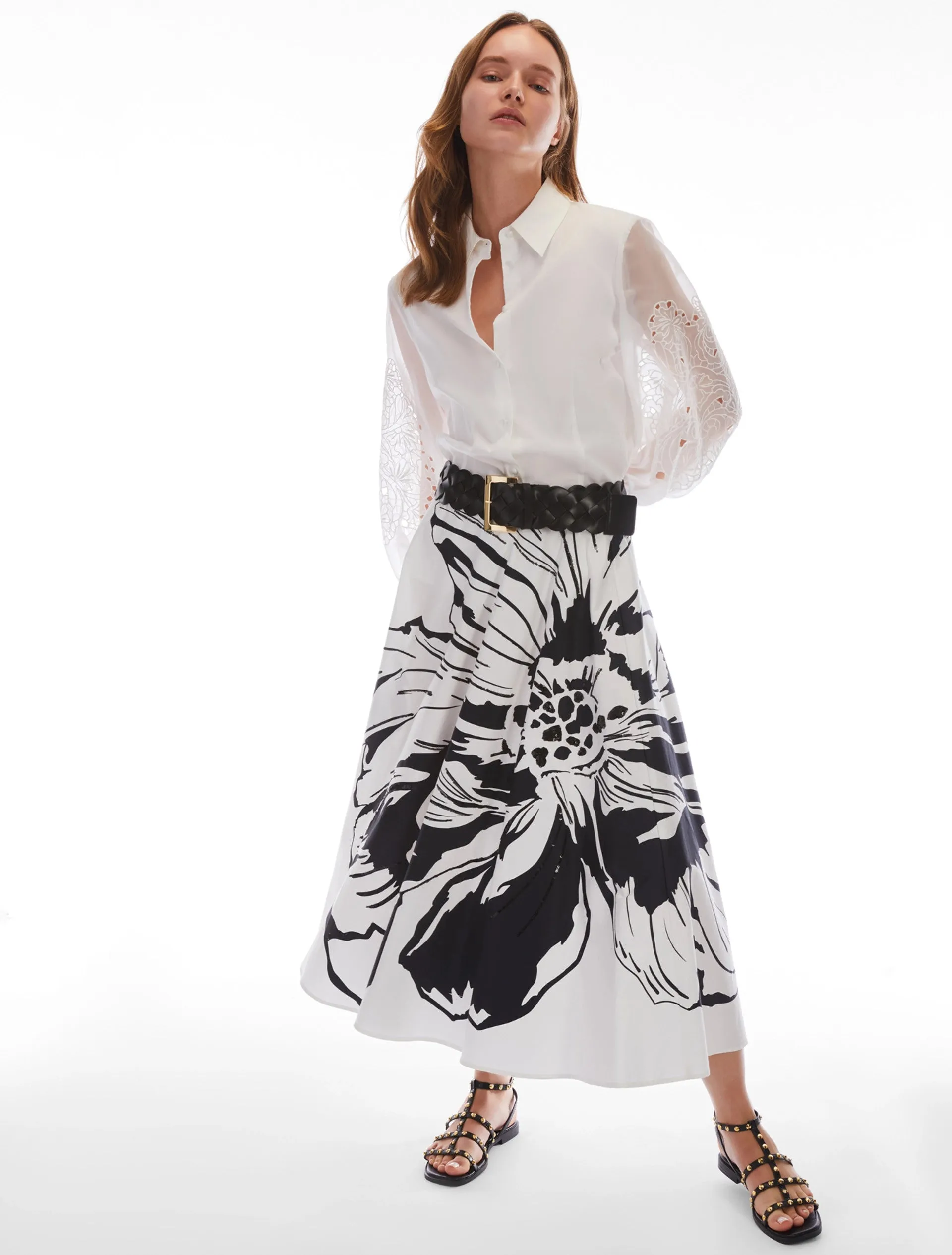 PennyBlack Cotton Satin Midi Skirt | White/Black