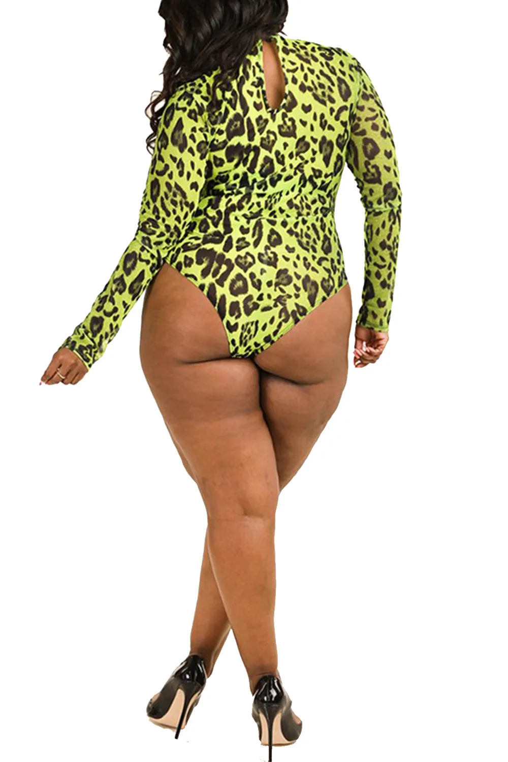 Plus Size Leopard Mesh Print Long Sleeves Bodysuit