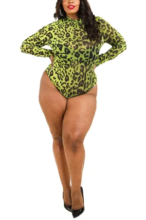 Plus Size Leopard Mesh Print Long Sleeves Bodysuit