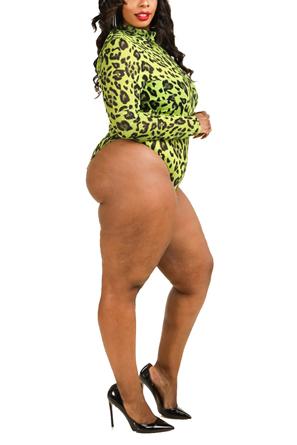 Plus Size Leopard Mesh Print Long Sleeves Bodysuit