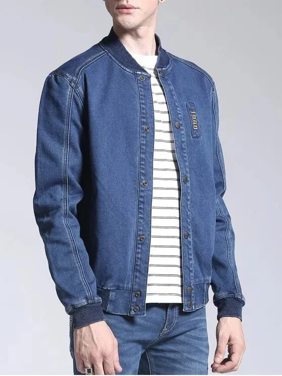 Pretty Patch Deisgn Stand Neck Denim Jacket