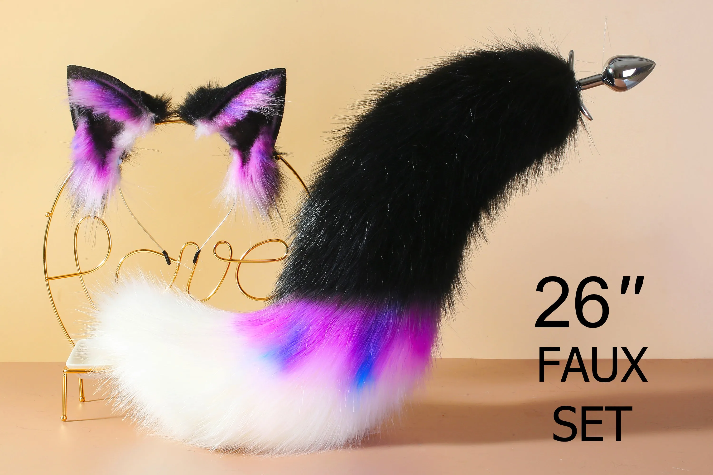 Purple black white fox tail plug and ear neko ear and tail set neko cosplay anime wolf tail buttplug and ear kitten ear and tail plug mature