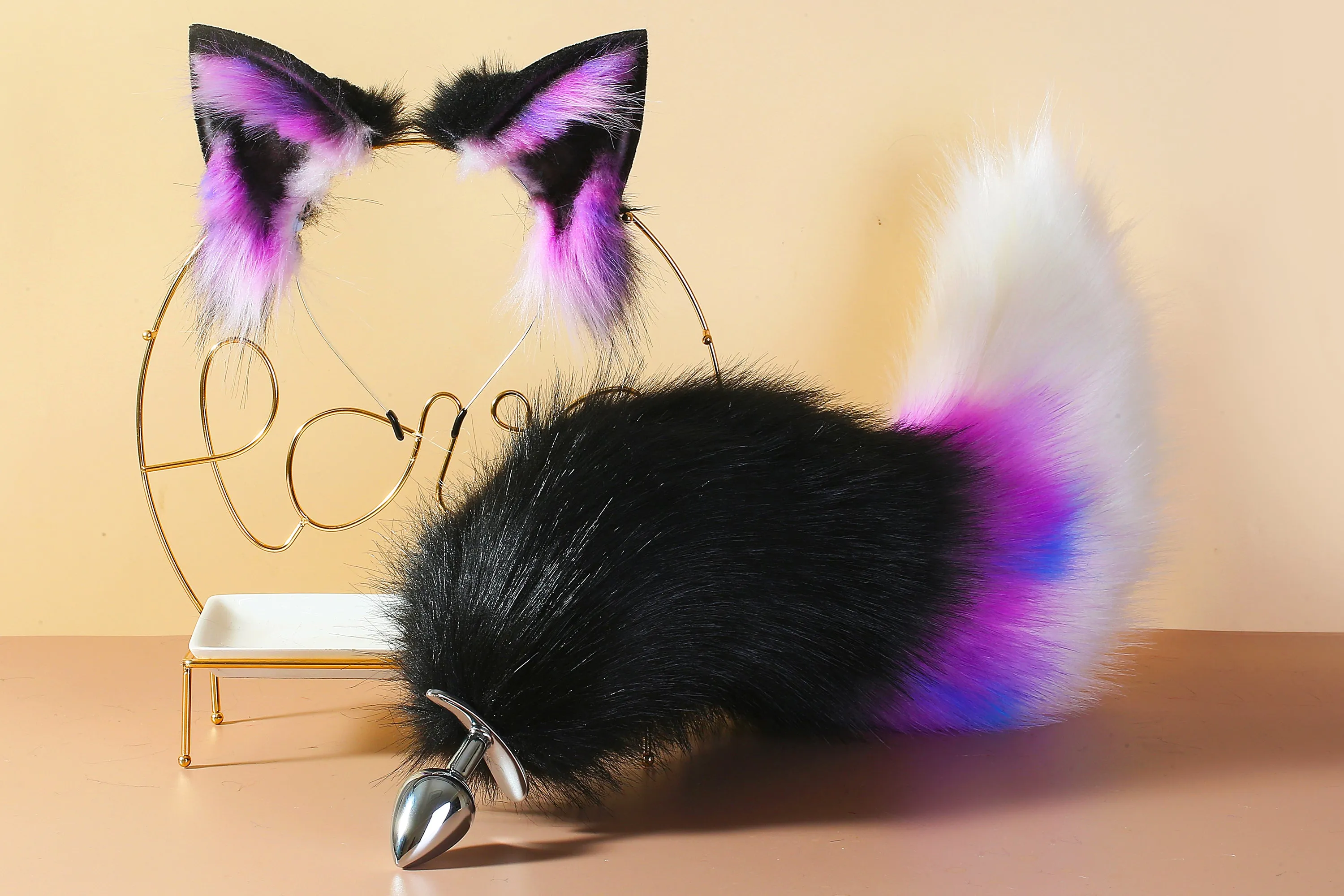 Purple black white fox tail plug and ear neko ear and tail set neko cosplay anime wolf tail buttplug and ear kitten ear and tail plug mature