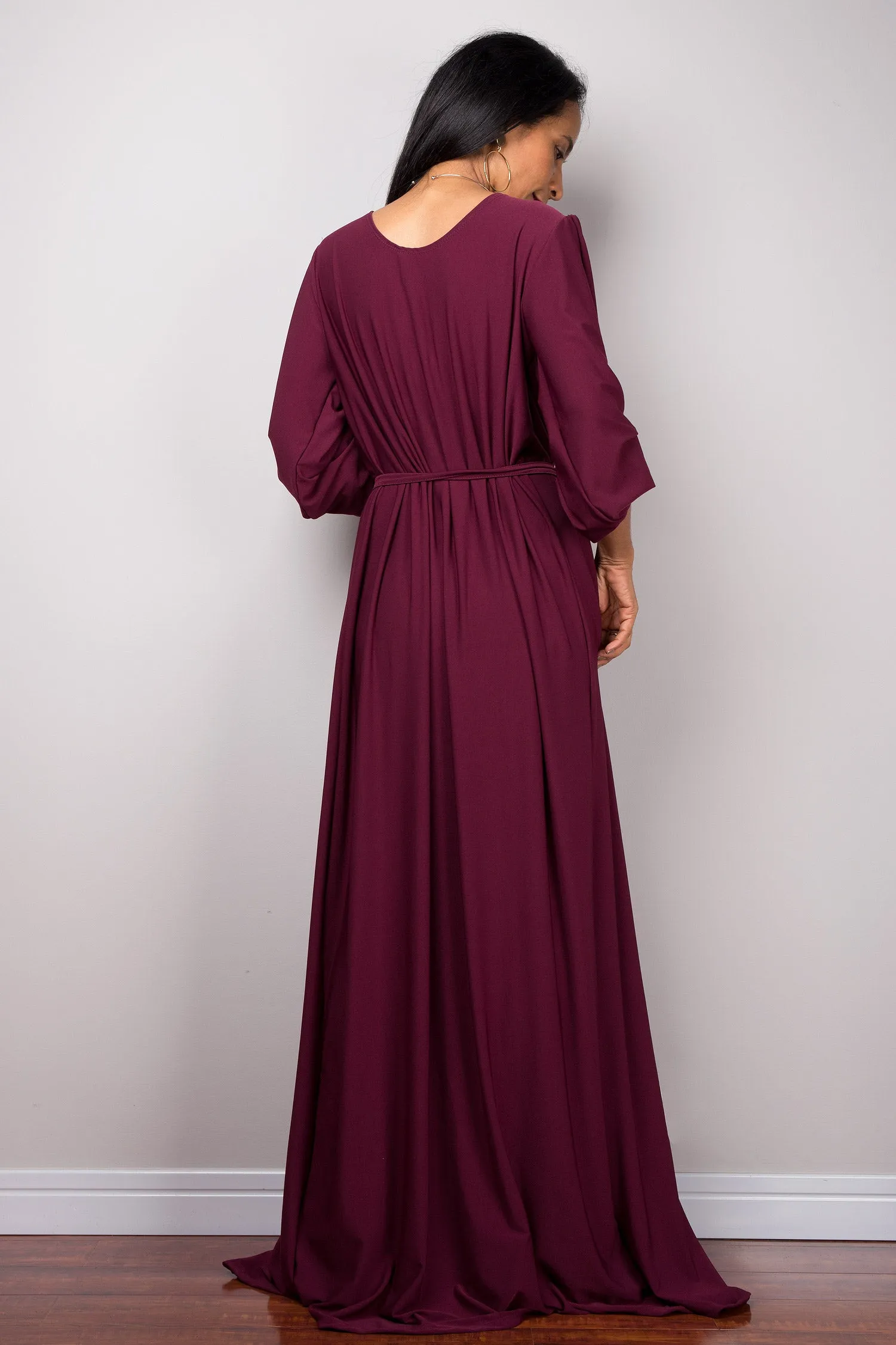 Purple maxi dress with long sleeves,  Pleated purple dress