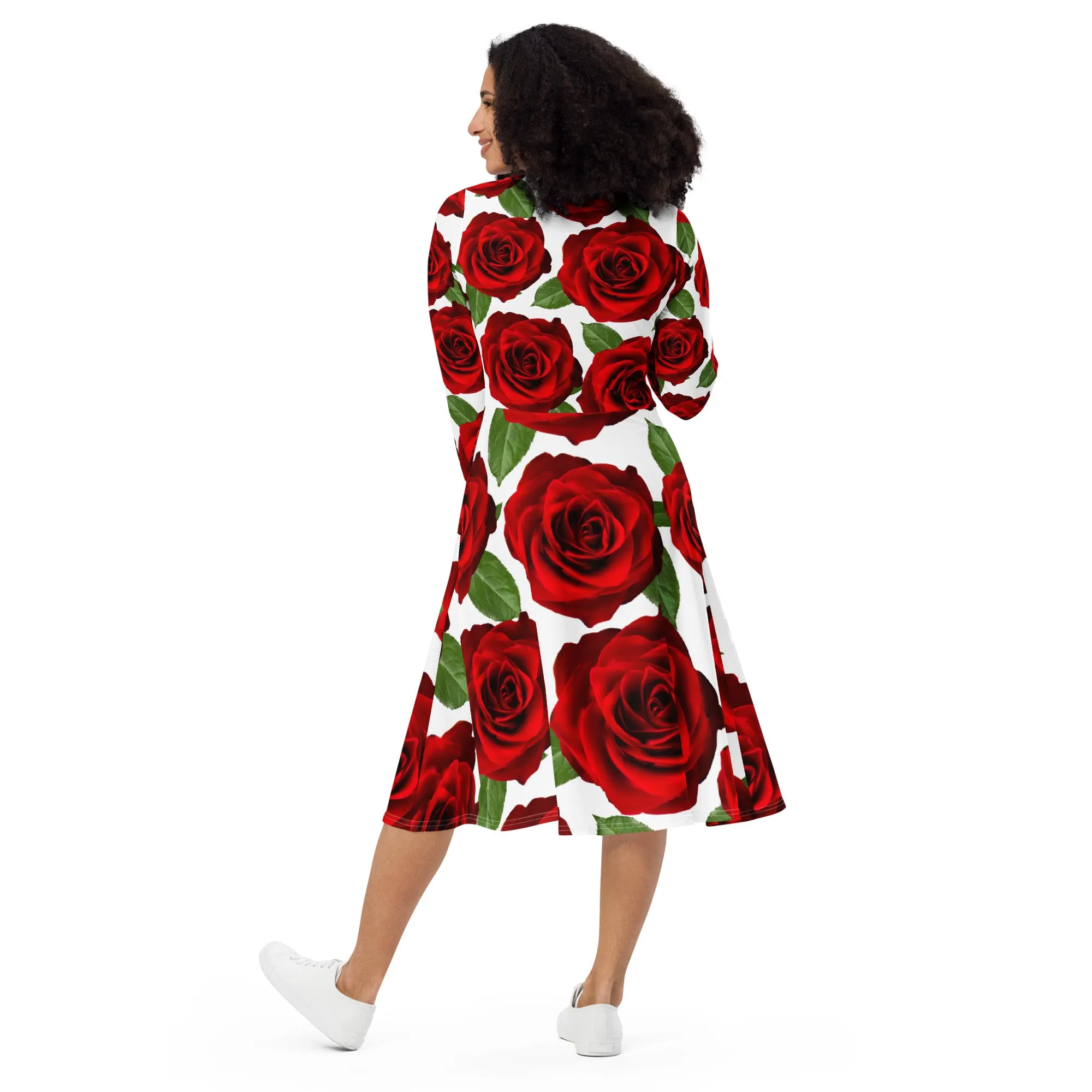 Red Roses White Long Sleeve Midi Dress