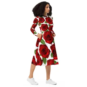 Red Roses White Long Sleeve Midi Dress