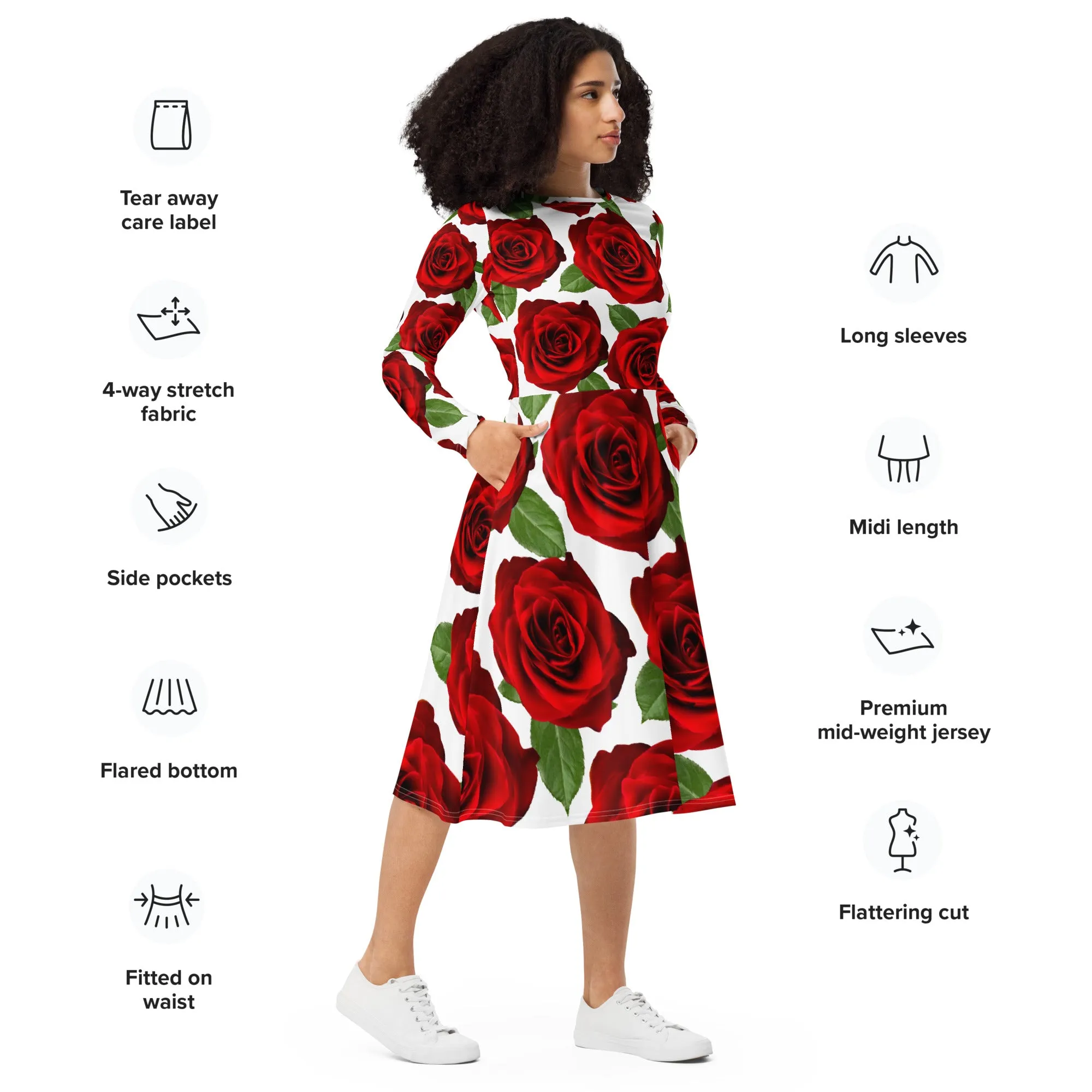 Red Roses White Long Sleeve Midi Dress