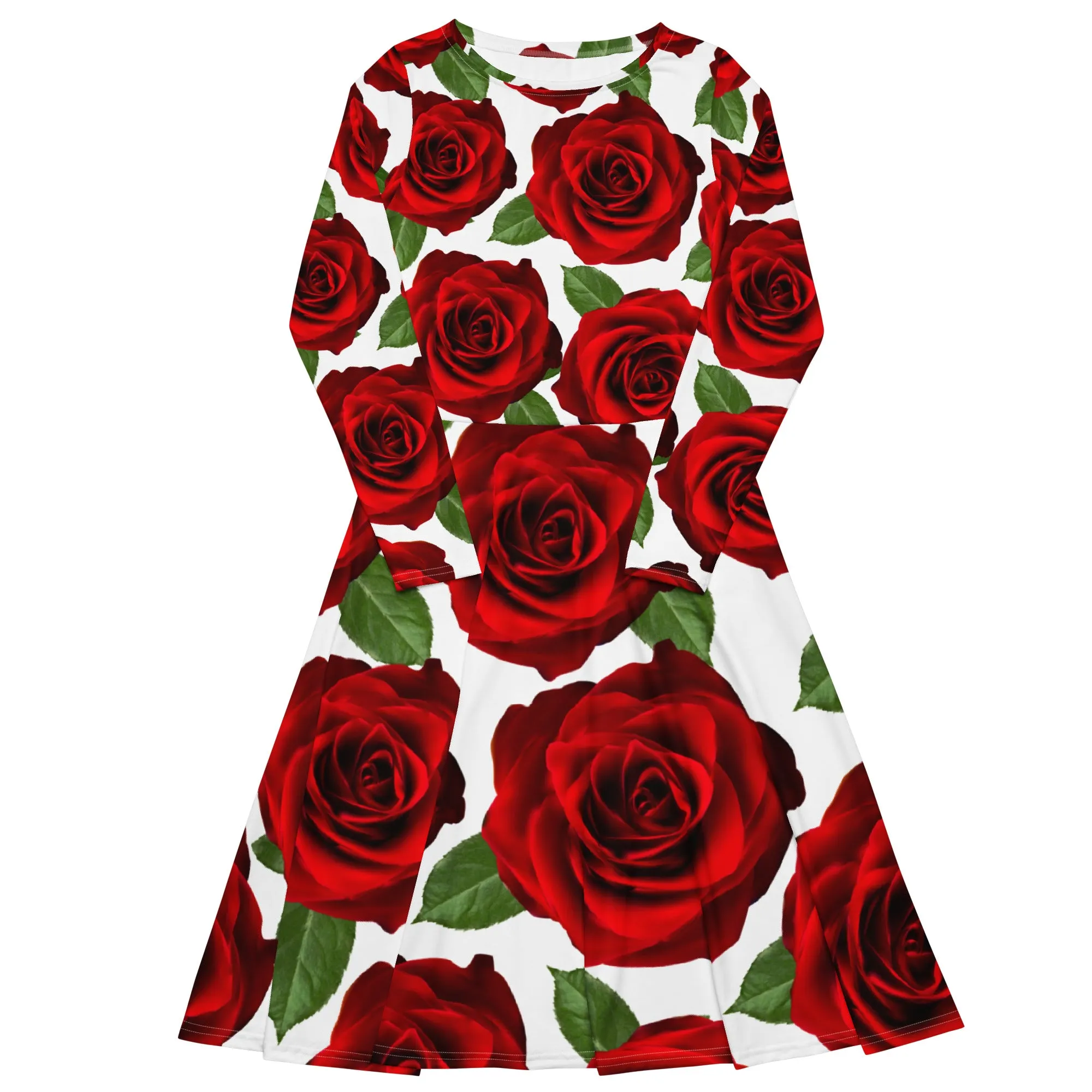 Red Roses White Long Sleeve Midi Dress