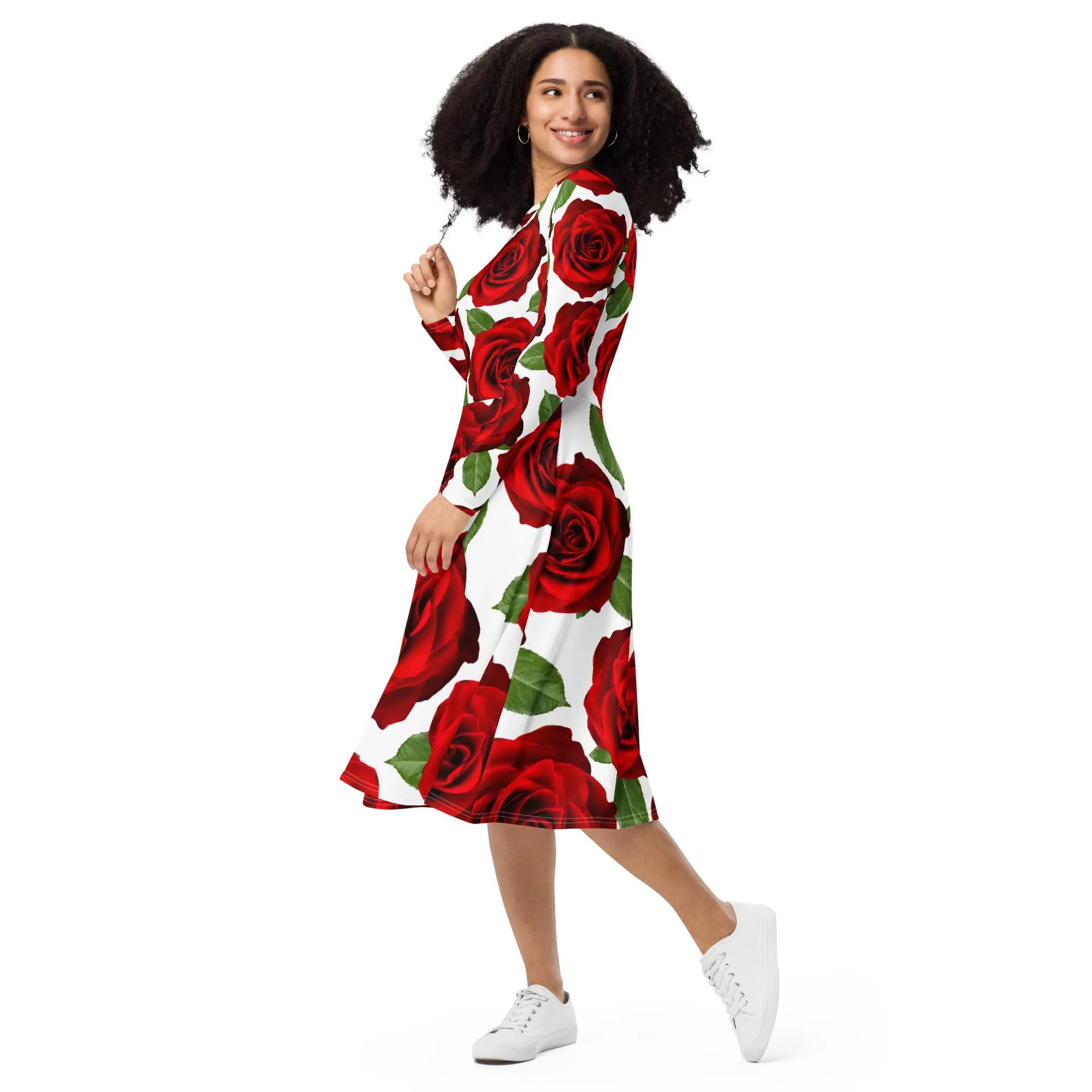 Red Roses White Long Sleeve Midi Dress