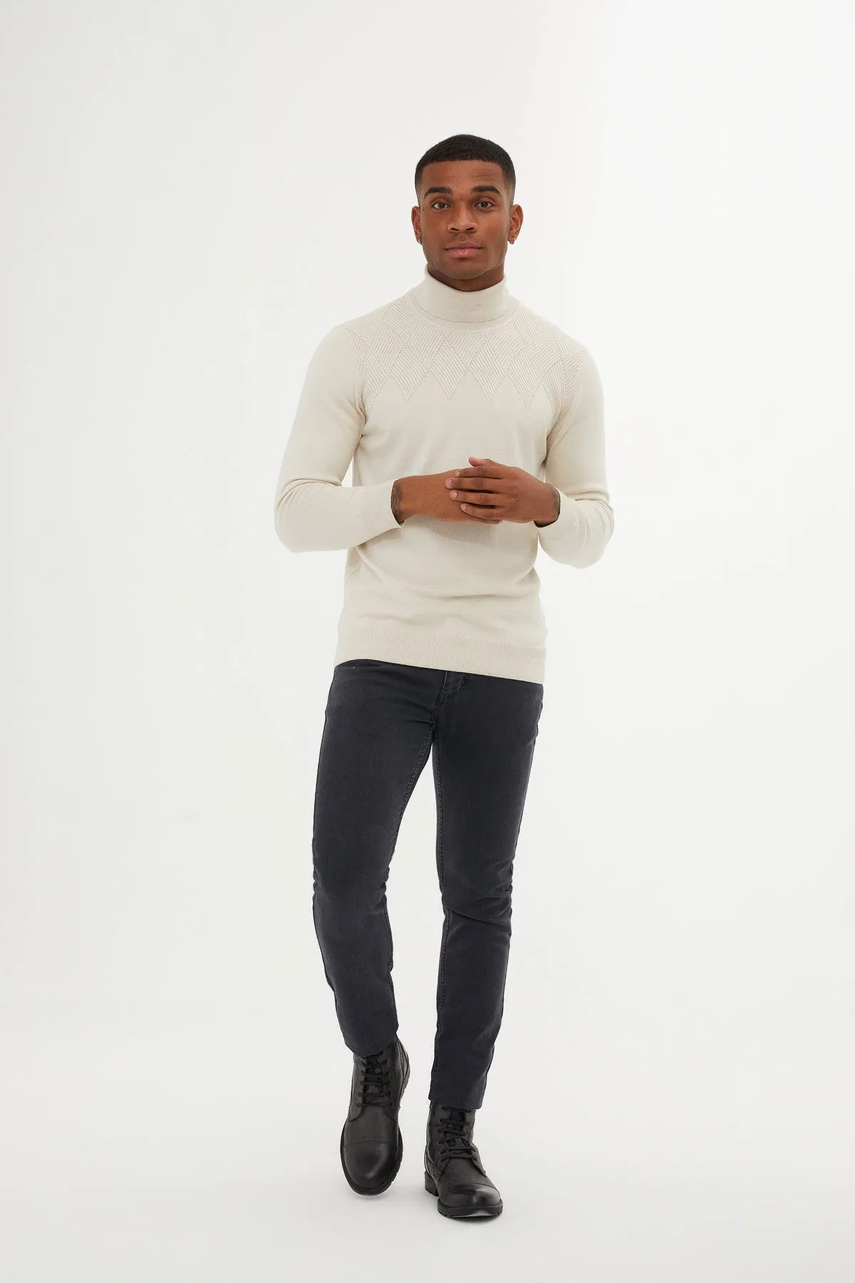 Regular Fit Patterned Cotton Blend Khaki Turtleneck Sweater, Stone