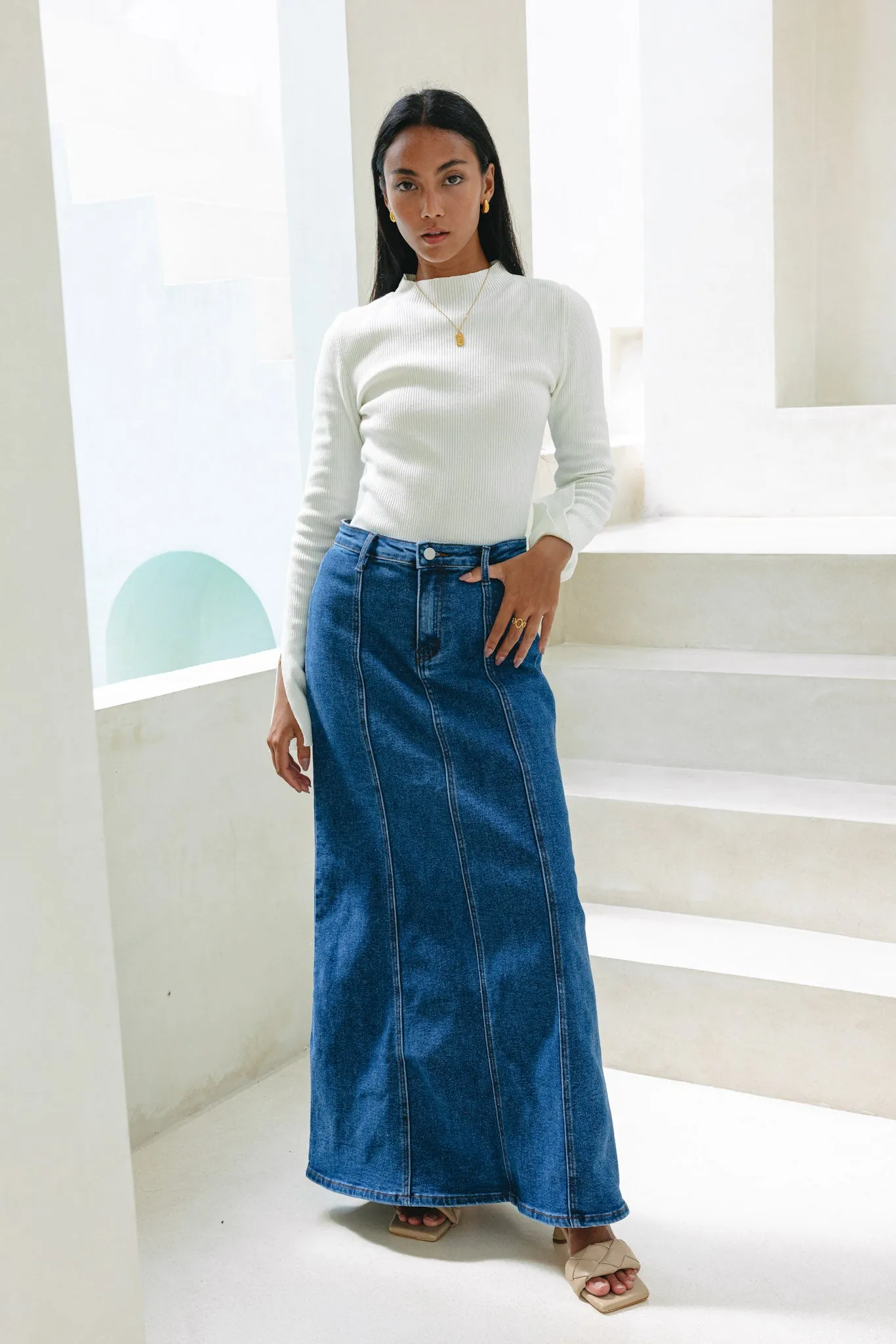 Remi Blue Denim Panel Maxi Skirt