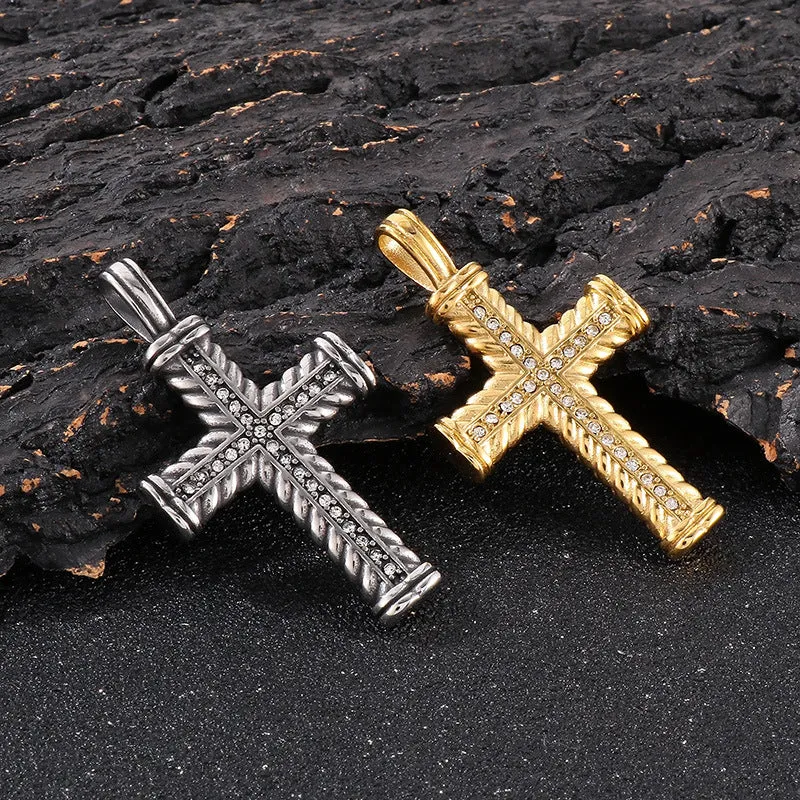 Retro Hip-Hop Wheat Ear Cross Pendant for Men - European & American Style with Zircon and Stainless Steel