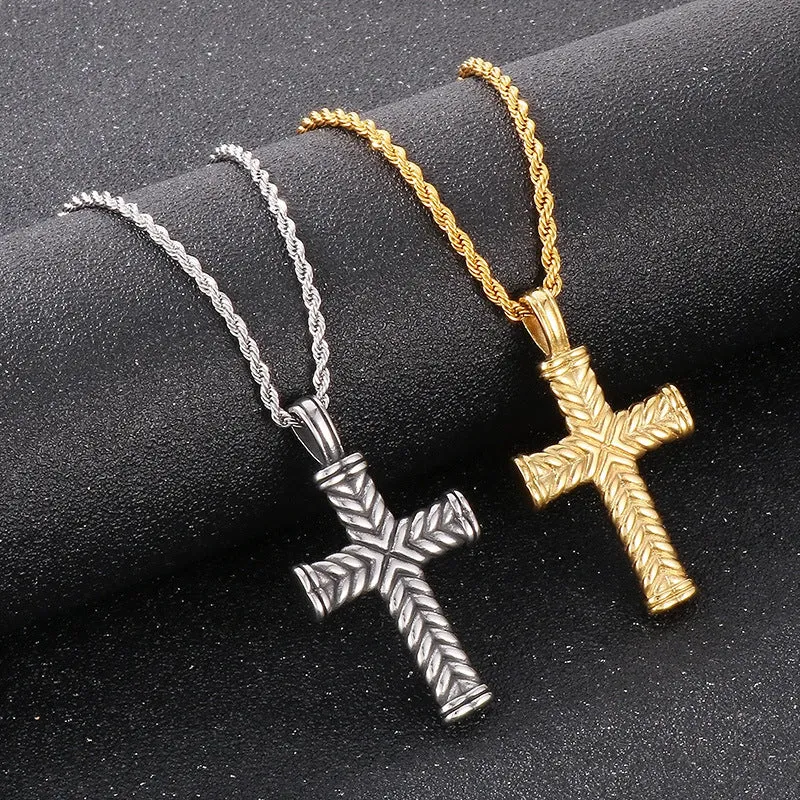 Retro Hip-Hop Wheat Ear Cross Pendant for Men - European & American Style with Zircon and Stainless Steel