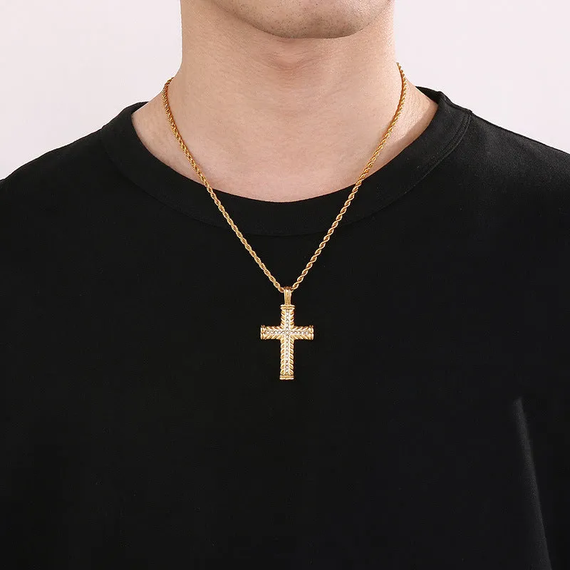 Retro Hip-Hop Wheat Ear Cross Pendant for Men - European & American Style with Zircon and Stainless Steel