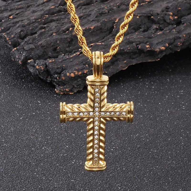 Retro Hip-Hop Wheat Ear Cross Pendant for Men - European & American Style with Zircon and Stainless Steel