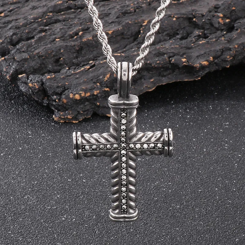 Retro Hip-Hop Wheat Ear Cross Pendant for Men - European & American Style with Zircon and Stainless Steel