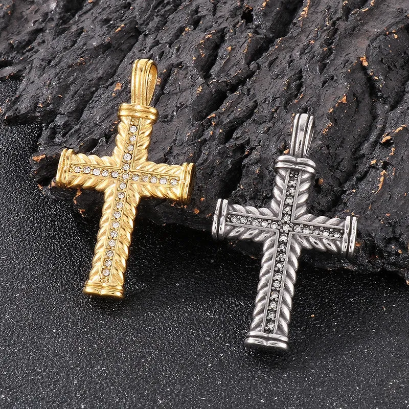 Retro Hip-Hop Wheat Ear Cross Pendant for Men - European & American Style with Zircon and Stainless Steel