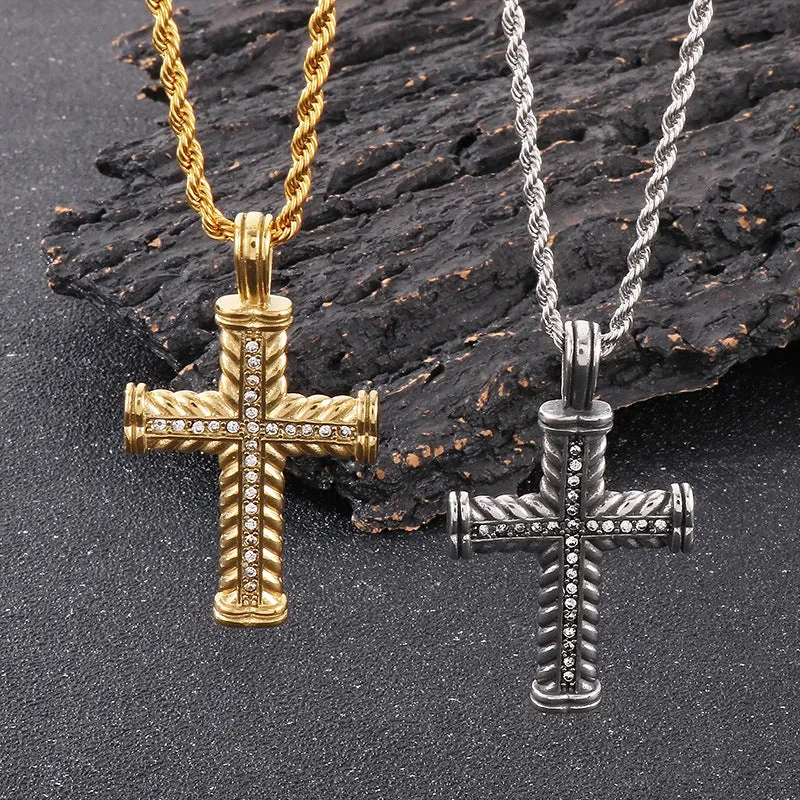 Retro Hip-Hop Wheat Ear Cross Pendant for Men - European & American Style with Zircon and Stainless Steel