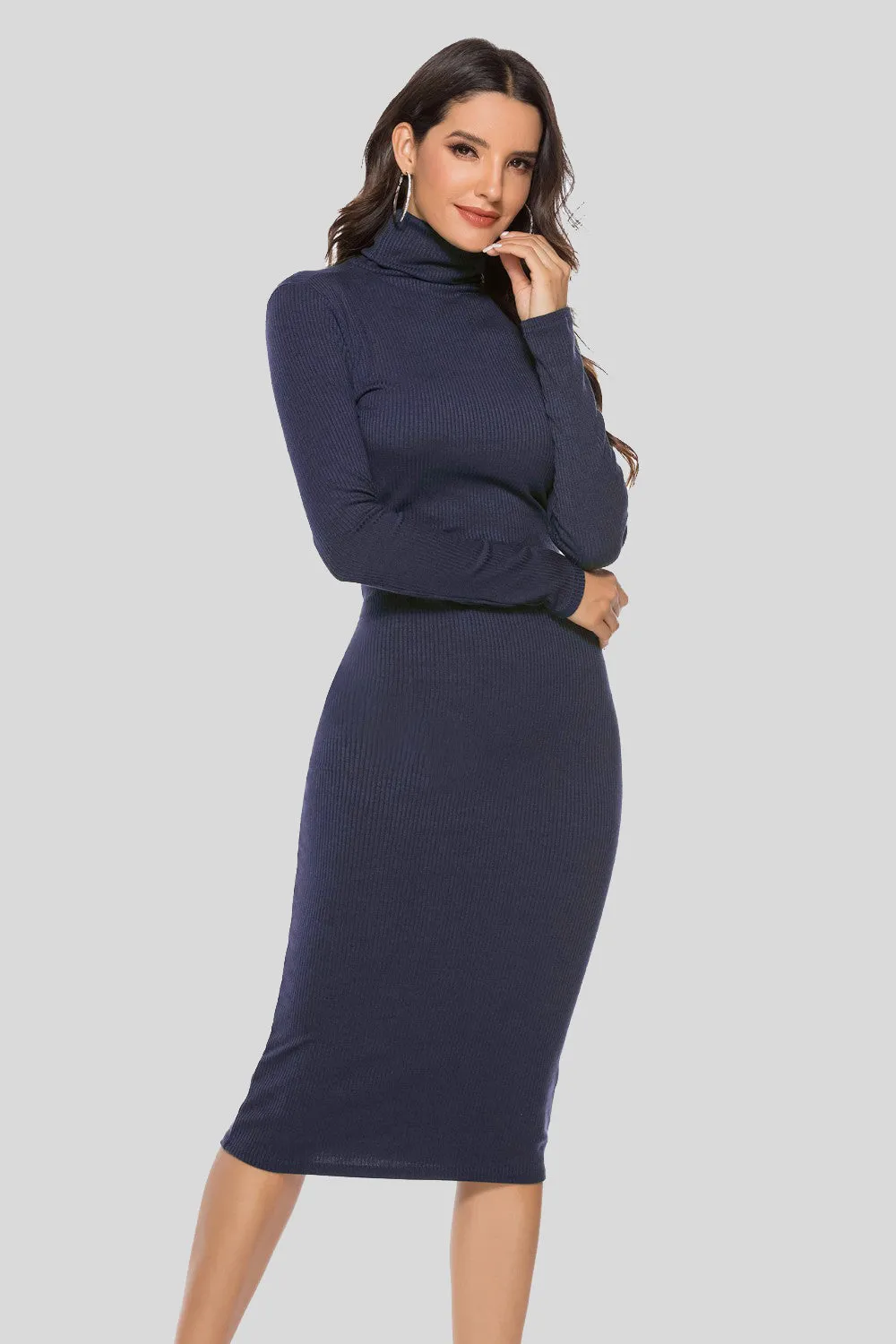 Ribbed Turtleneck Long Sleeve Casual Shirt Dress New Women's Fashion Tight Slim Fit Dress