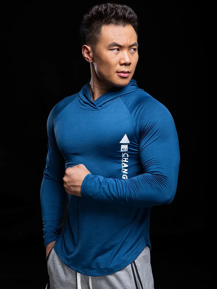 Running Jacket Men Fitness Hooded Long Sleeve Gym Training Sweatshirts Tight Hoodies Bodybuilding High Quality Sportswear Tops