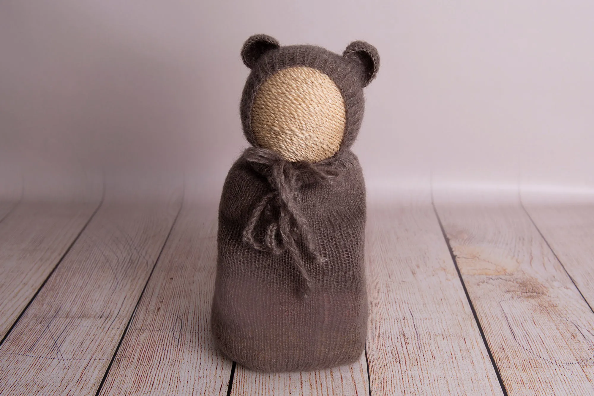 SET Mohair Bear Bonnet and Sack - Nut