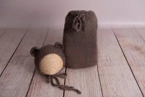 SET Mohair Bear Bonnet and Sack - Nut