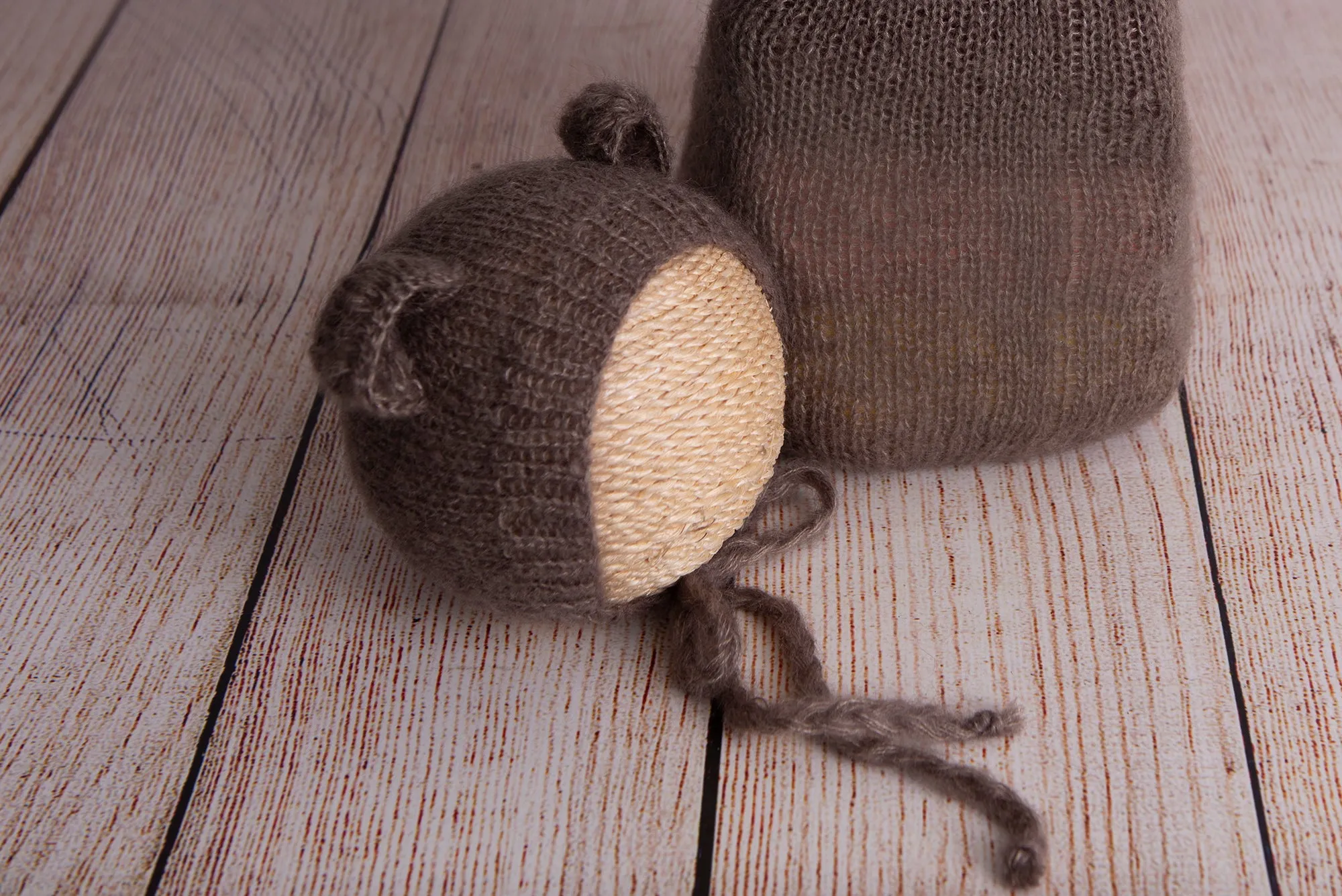 SET Mohair Bear Bonnet and Sack - Nut