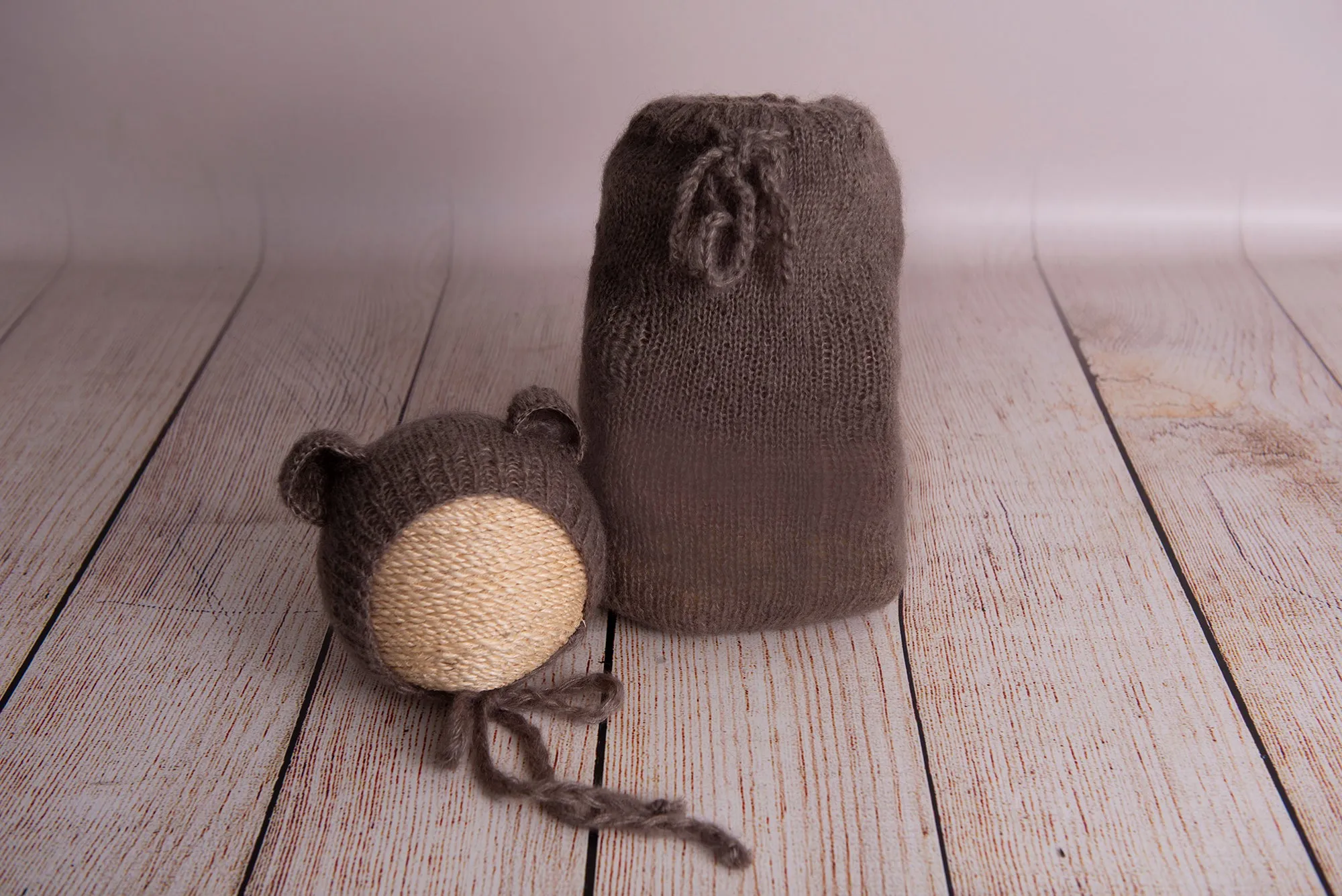 SET Mohair Bear Bonnet and Sack - Nut