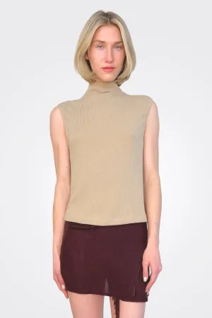 Sleeveless Knit Turtleneck Top - Khaki