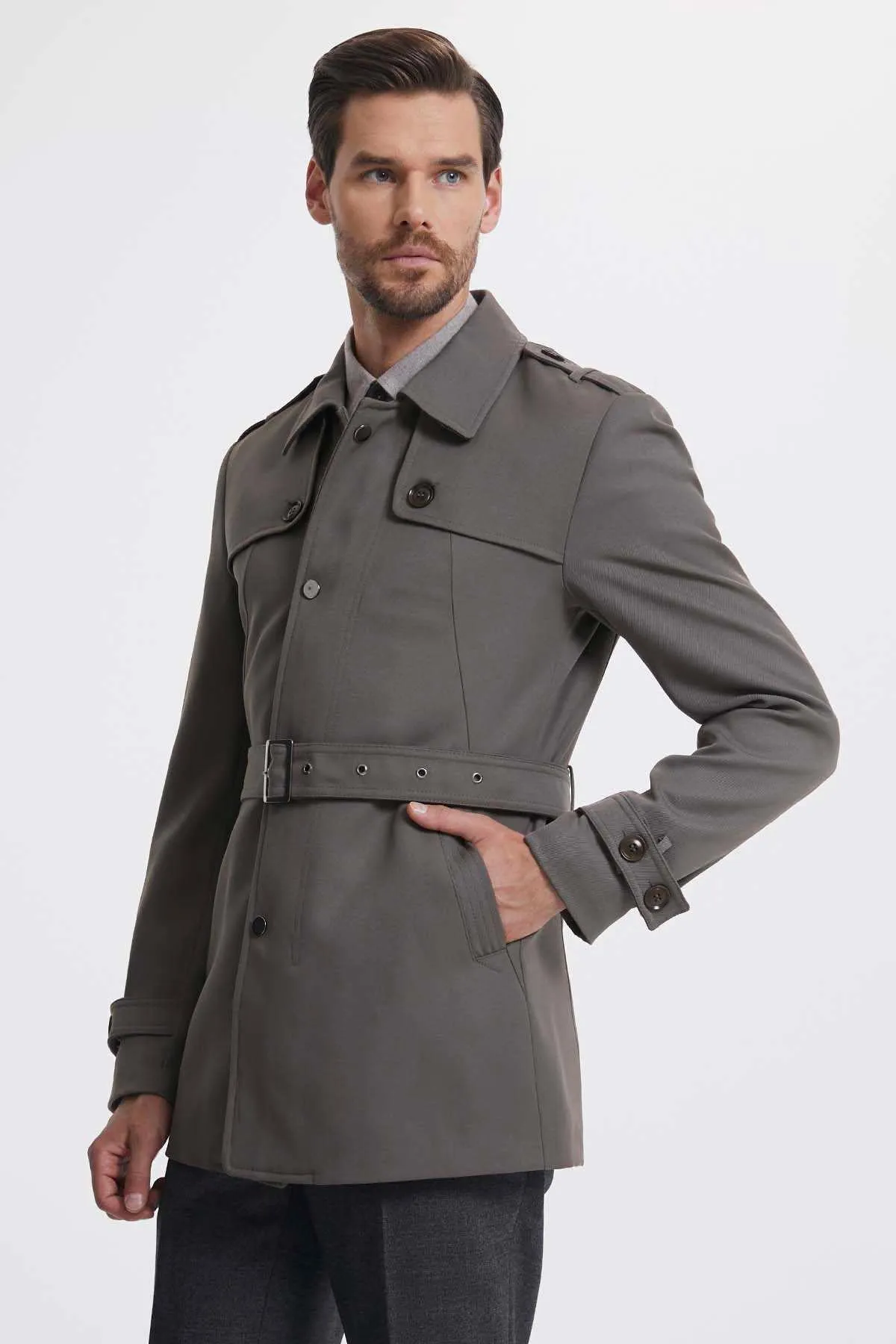 Slim Fit Flat Collar Vilnius Wool Light Brown Trenchcoat, Light Brown