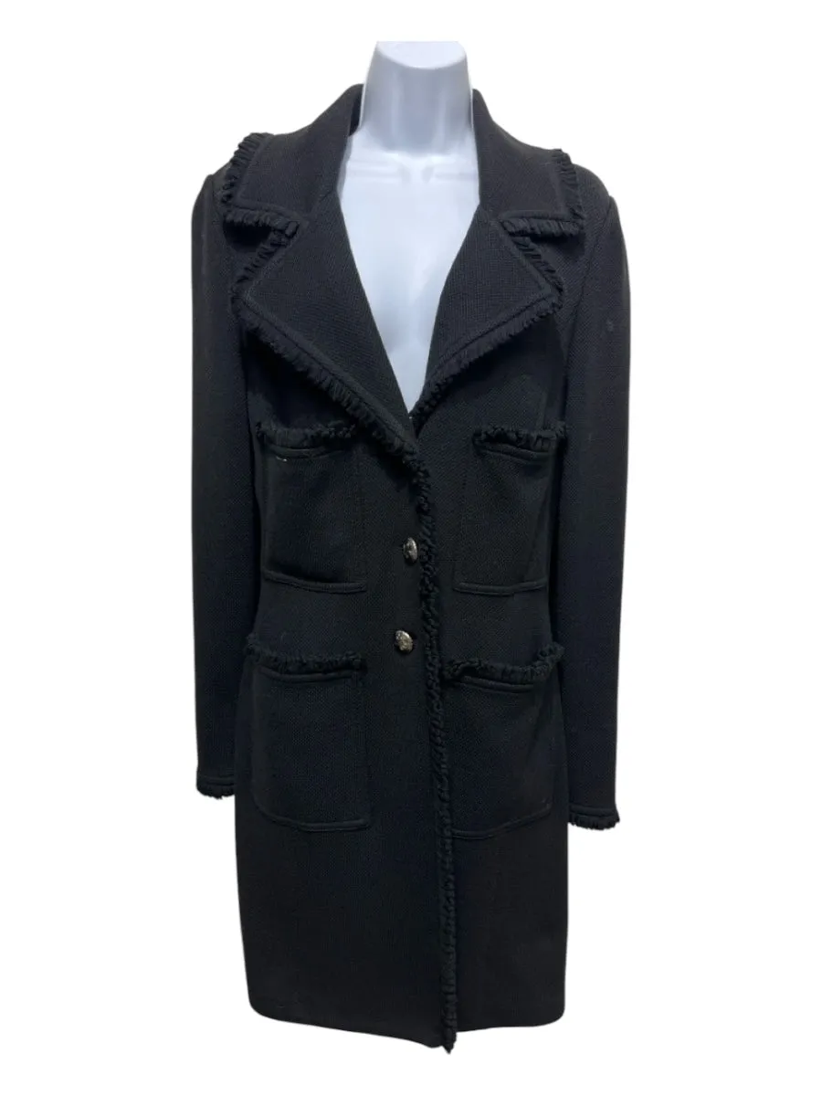 St John Caviar Size 8 Black Wool & Rayon Trench Multi Pockets Fringe Trim Coat