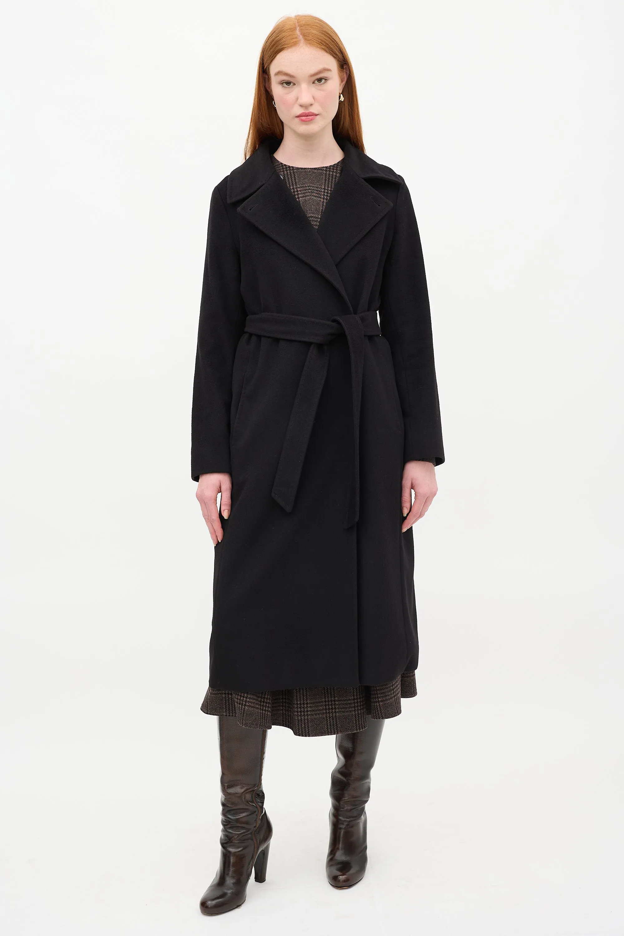 Studio Black Wool Belted Double Breasted Long Coat