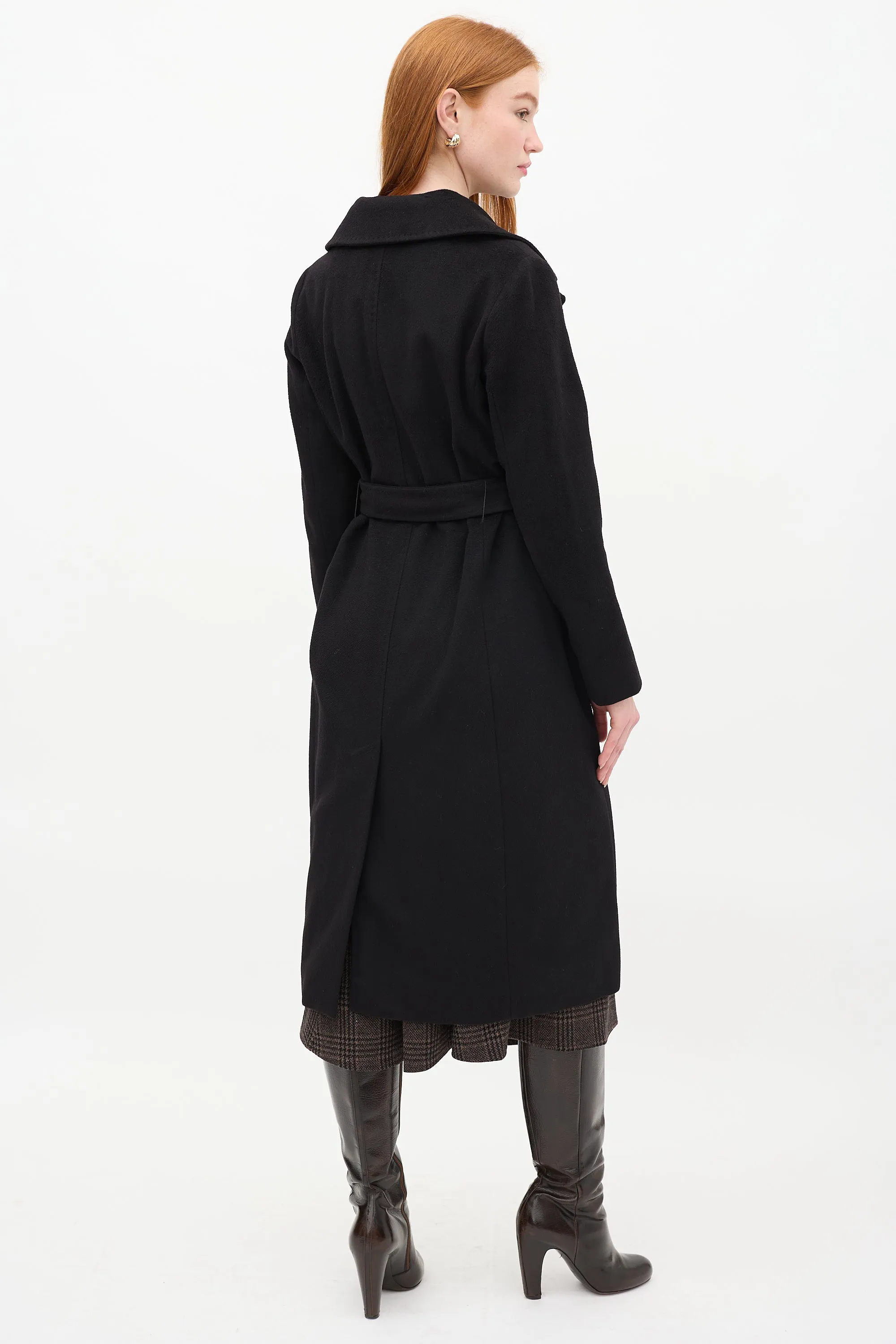 Studio Black Wool Belted Double Breasted Long Coat