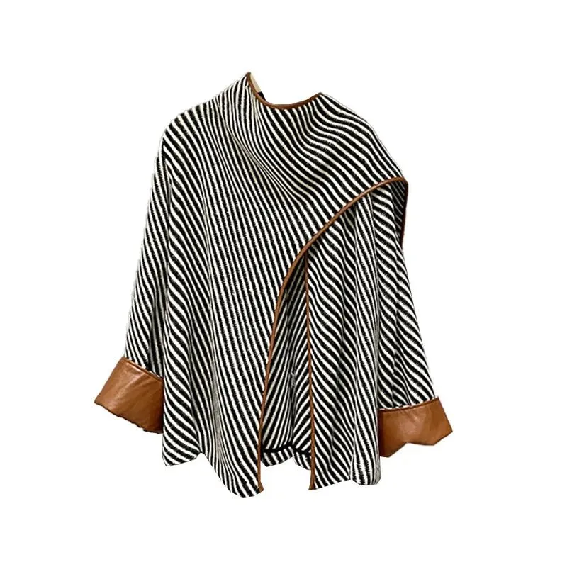 Stylish and Cozy: Striped Wool Shawl Jacket with PU Leather Edging for Women