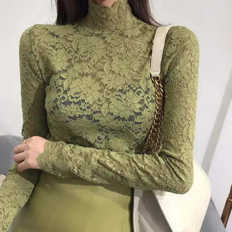 Trendy Mesh Long Sleeve Turtleneck Lace Blouse