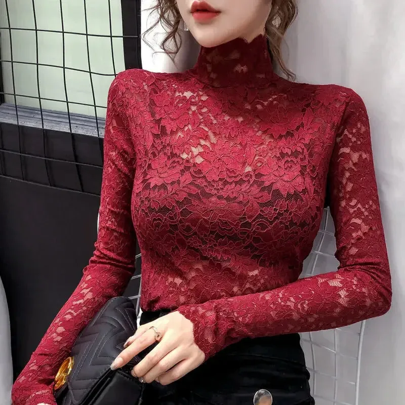 Trendy Mesh Long Sleeve Turtleneck Lace Blouse