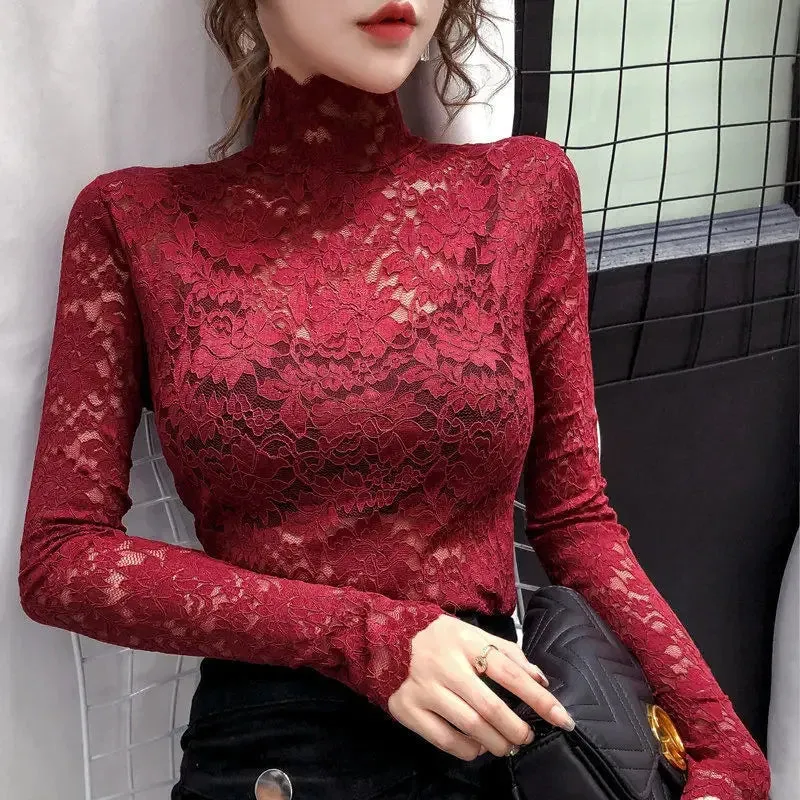 Trendy Mesh Long Sleeve Turtleneck Lace Blouse