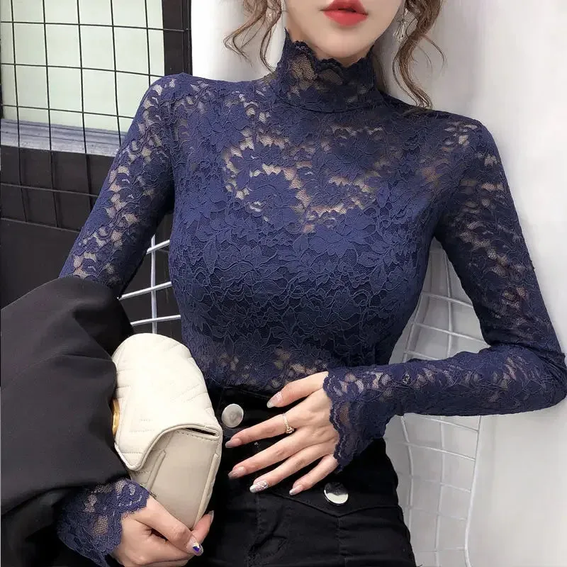 Trendy Mesh Long Sleeve Turtleneck Lace Blouse