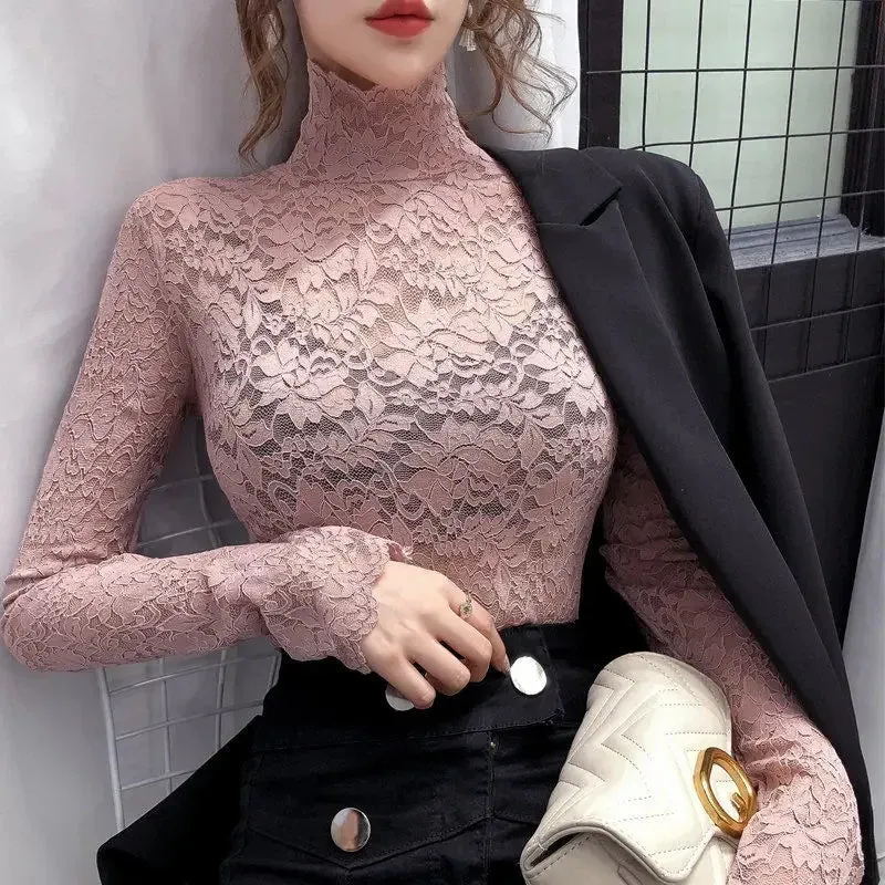 Trendy Mesh Long Sleeve Turtleneck Lace Blouse