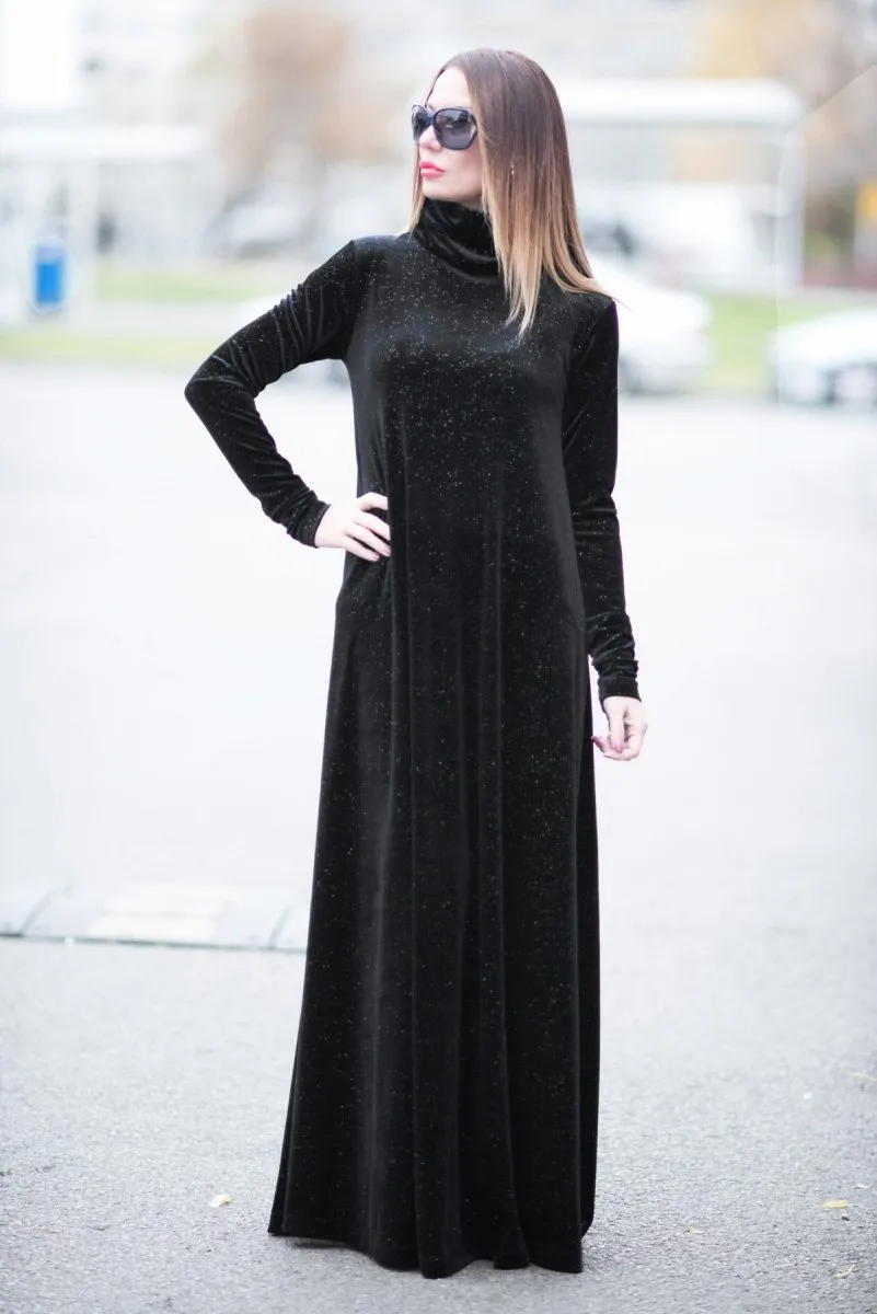 Turtleneck black velvet dress VIVIAN